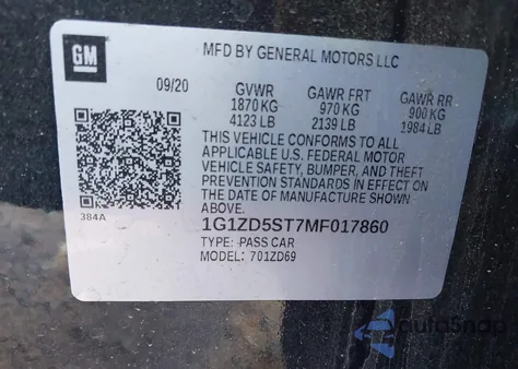 2021 Chevrolet Malibu Fwd Lt z USA, uszkodzony, nr VIN 1G1ZD5ST7MF017860